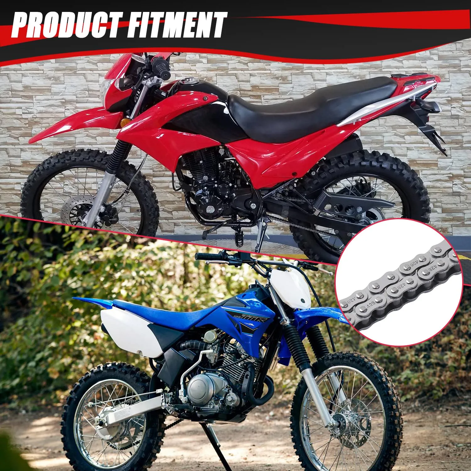 KAMIER 428 Motorcycle Chain 132 Links with Chain Breaker for TTR125 TTR225 Hawk 250 Boom Vader 125 Apollo RFZ TaoTao Coleman 110cc 125cc 150cc Pit Dirt Bike 4 Wheeler ATV Quad Go Kart Heavy Duty Parts