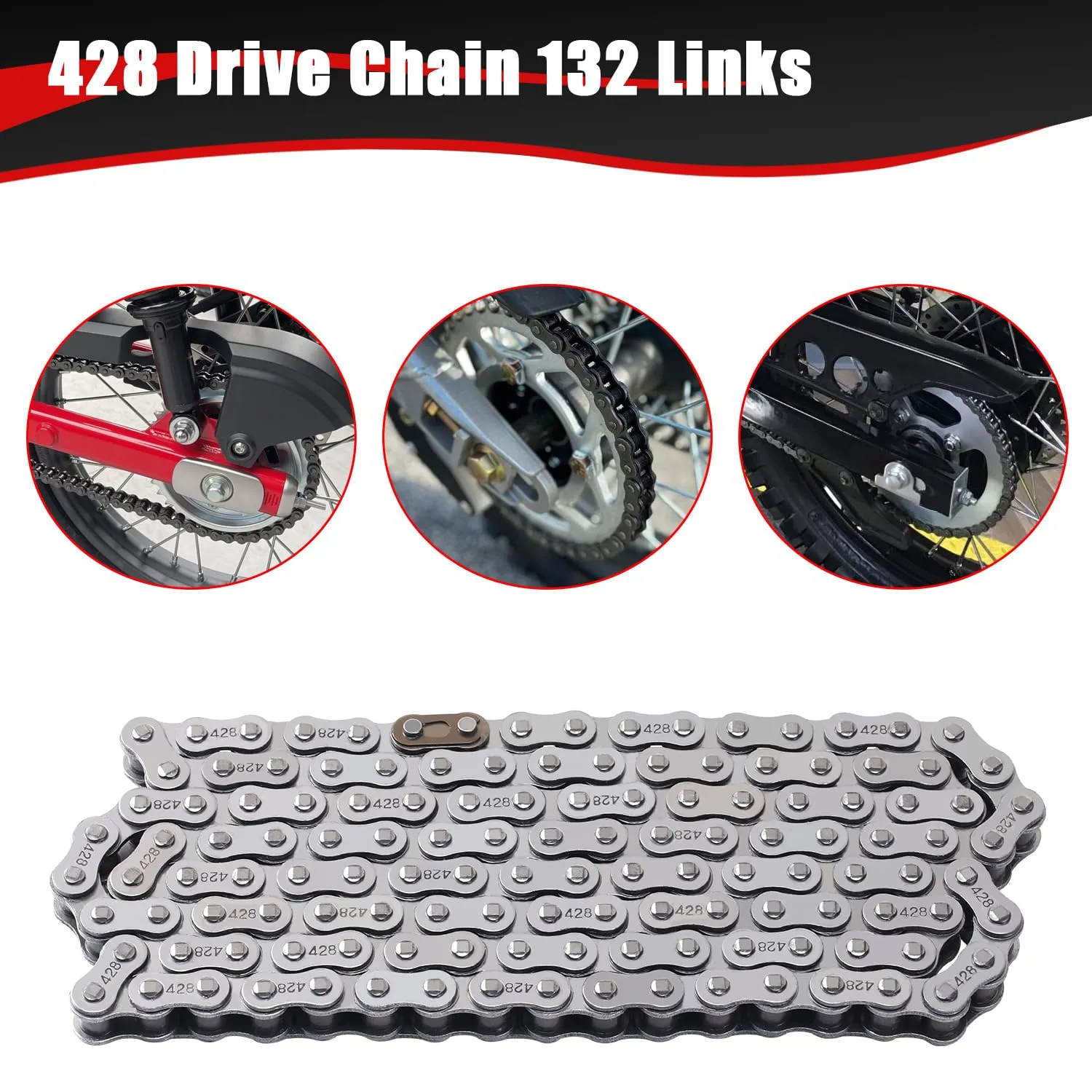 KAMIER 428 Motorcycle Chain 132 Links with Chain Breaker for TTR125 TTR225 Hawk 250 Boom Vader 125 Apollo RFZ TaoTao Coleman 110cc 125cc 150cc Pit Dirt Bike 4 Wheeler ATV Quad Go Kart Heavy Duty Parts