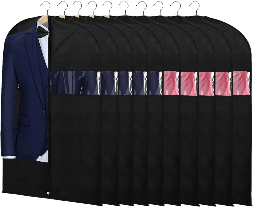 KEEGH 40" Suit Bags for Closet Storage (Set of 10) Garment Bags for Hanging Clothes, Suit Cover Bags for Suits Coats Dress with Zipper and Transparent Window, Black