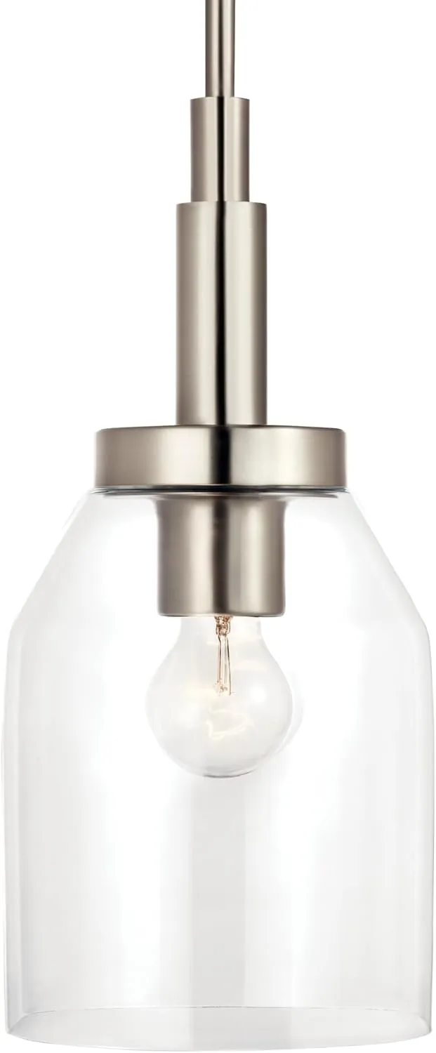 KICHLER Madden 1-Light Mini Pendant with Clear Glass in Brushed Nickel, Sloped Ceiling Compatible, for Bathroom or Kitchen (15" x 7"), 52725NI