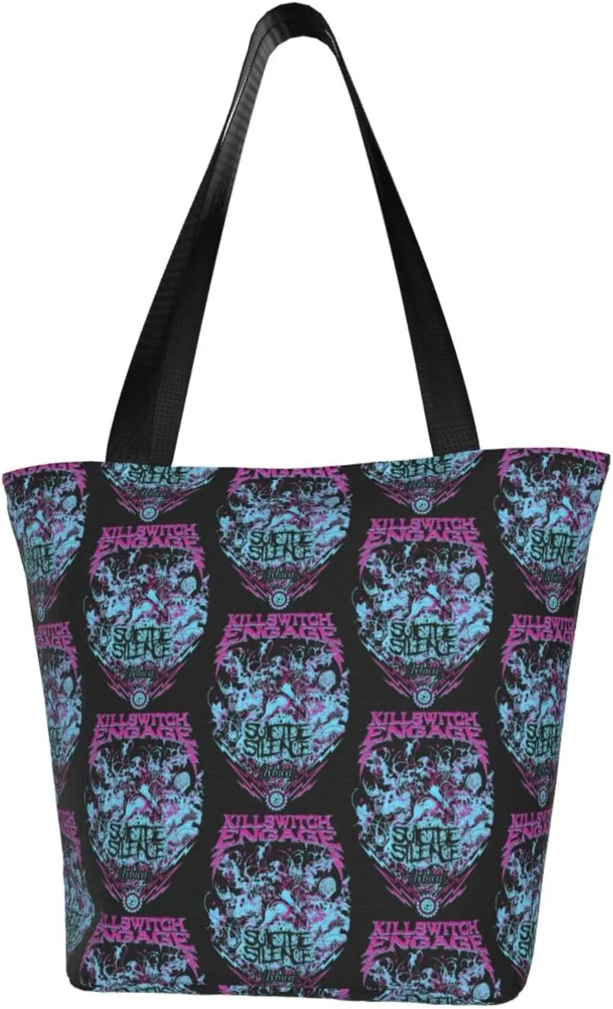 Killswitch Rock Band Engage Reusable Grocery Bag for Kitchen Shoulder Shopping Bag Tote Bags with Zipper for Women Large Capacity Handbag for Trip Lightweight Daily Bag Storage Bags