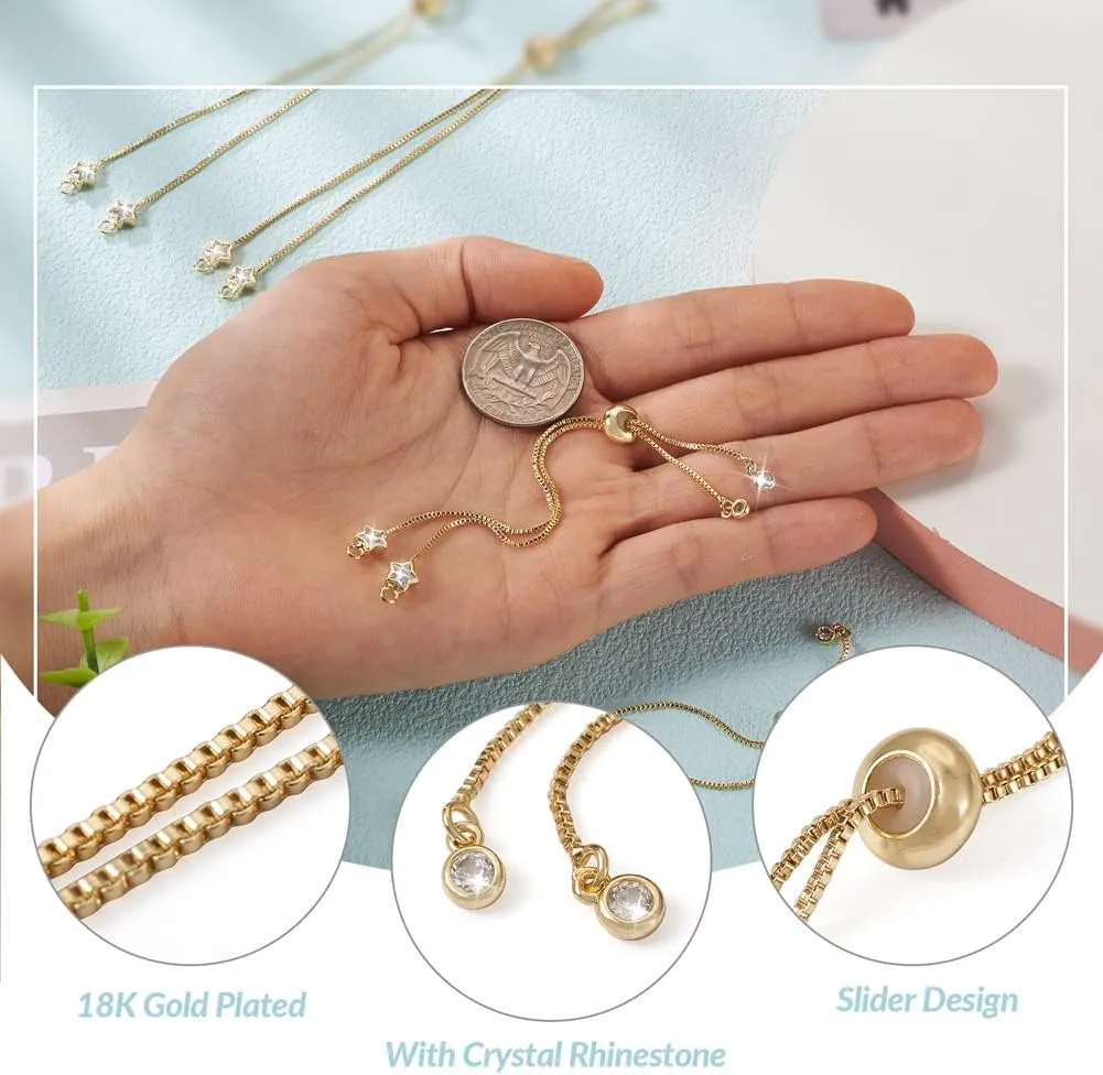KISSITTY 10Pcs Adjustable Brass Slider Bracelet Real 18K Gold Plated Bracelet Chain Extender Box Chain Friendship Bracelet with Star Rhinestone End 4.72inch(120mm) for Women Valentine Birthday Gift