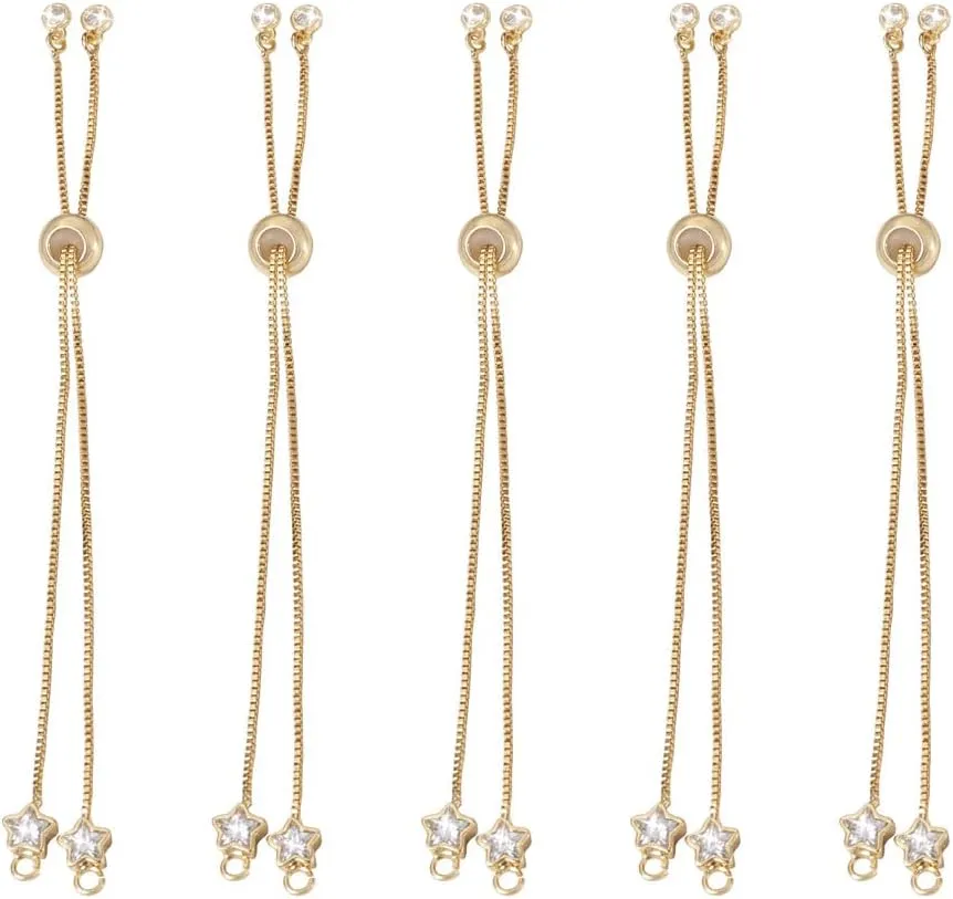 KISSITTY 10Pcs Adjustable Brass Slider Bracelet Real 18K Gold Plated Bracelet Chain Extender Box Chain Friendship Bracelet with Star Rhinestone End 4.72inch(120mm) for Women Valentine Birthday Gift