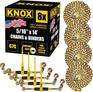 Knox Chain Load Binder, 5/16" Equipment Tie Down Kit w/ 5400 LBS Working Load Tiedown and Two Grab Hooks, Includes (4) Ratchet Binders - (4) 14' Grade 70 DOT Hauling Transport Chains