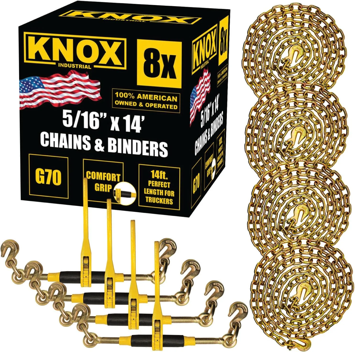 Knox Chain Load Binder, 5/16" Equipment Tie Down Kit w/ 5400 LBS Working Load Tiedown and Two Grab Hooks, Includes (4) Ratchet Binders - (4) 14' Grade 70 DOT Hauling Transport Chains