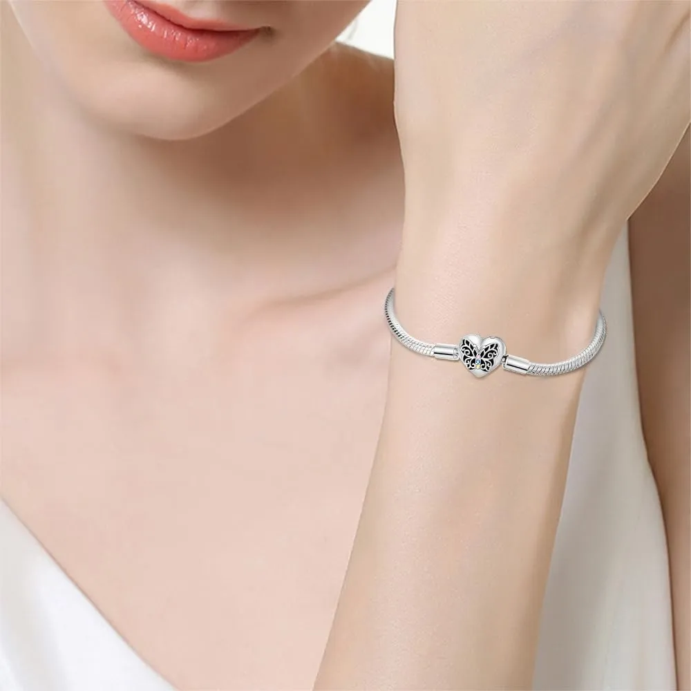 KUNSIR 925 Sterling Silver Snake Chain Bracelet Butterfly Bracelets with 5A Cubic Zirconia for Women Teen