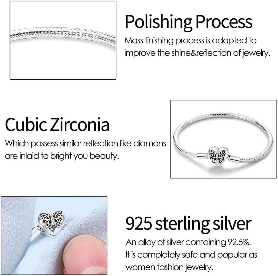 KUNSIR 925 Sterling Silver Snake Chain Bracelet Butterfly Bracelets with 5A Cubic Zirconia for Women Teen