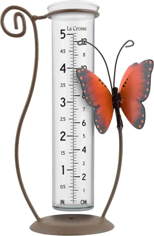 La Crosse 704-13077-INT 5 inch Capacity Glass Orange Butterfly Rain Gauge, Bronze