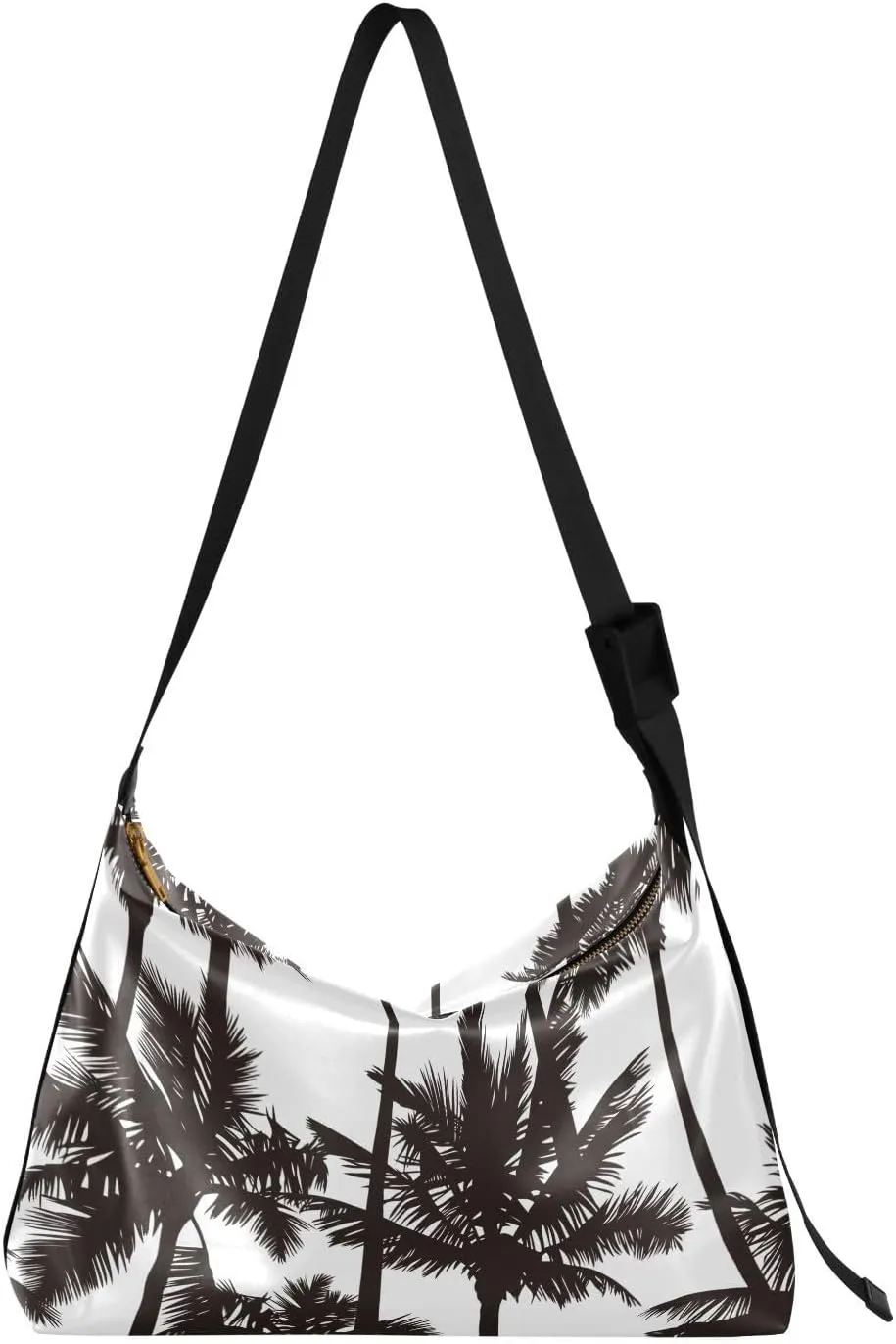 Large Crossbody Bag Black Palm Trees White PU Leather Shoulder Bag for Women Girls