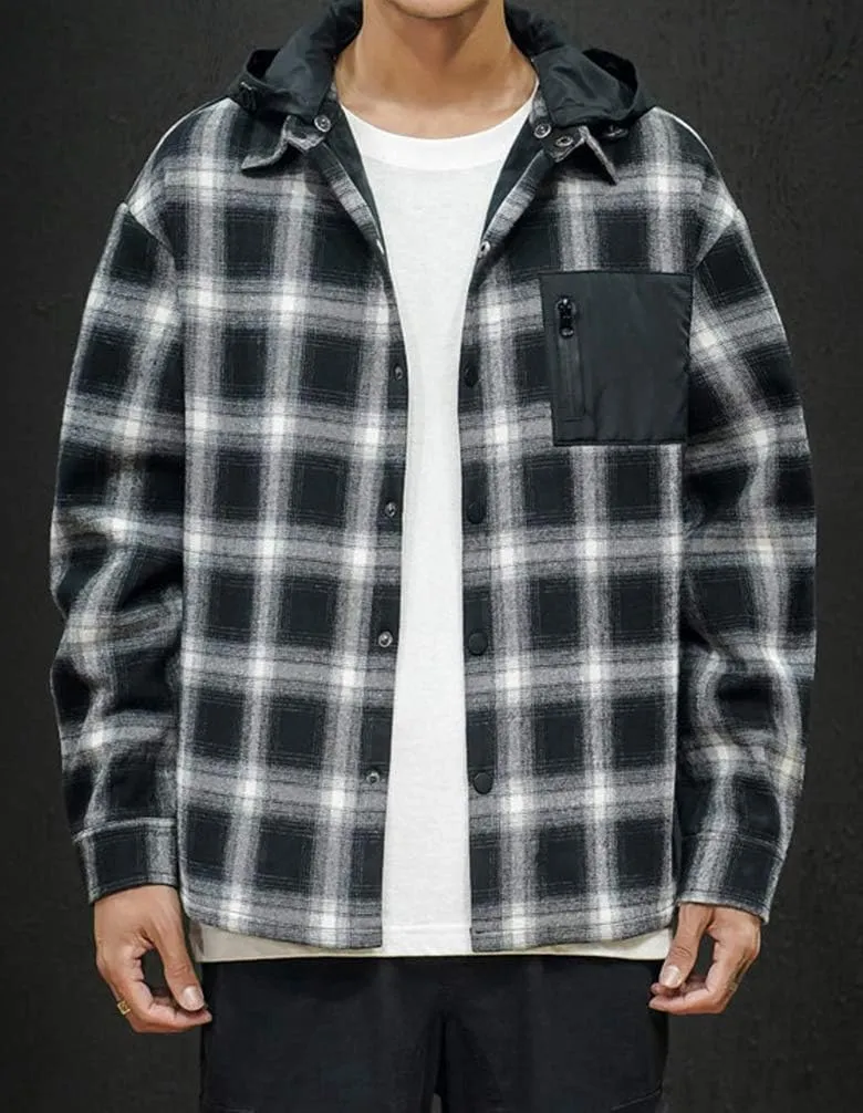 Lavnis Men's Plaid Hooded Shirts Casual Long Sleeve Lightweight Shirt Jackets