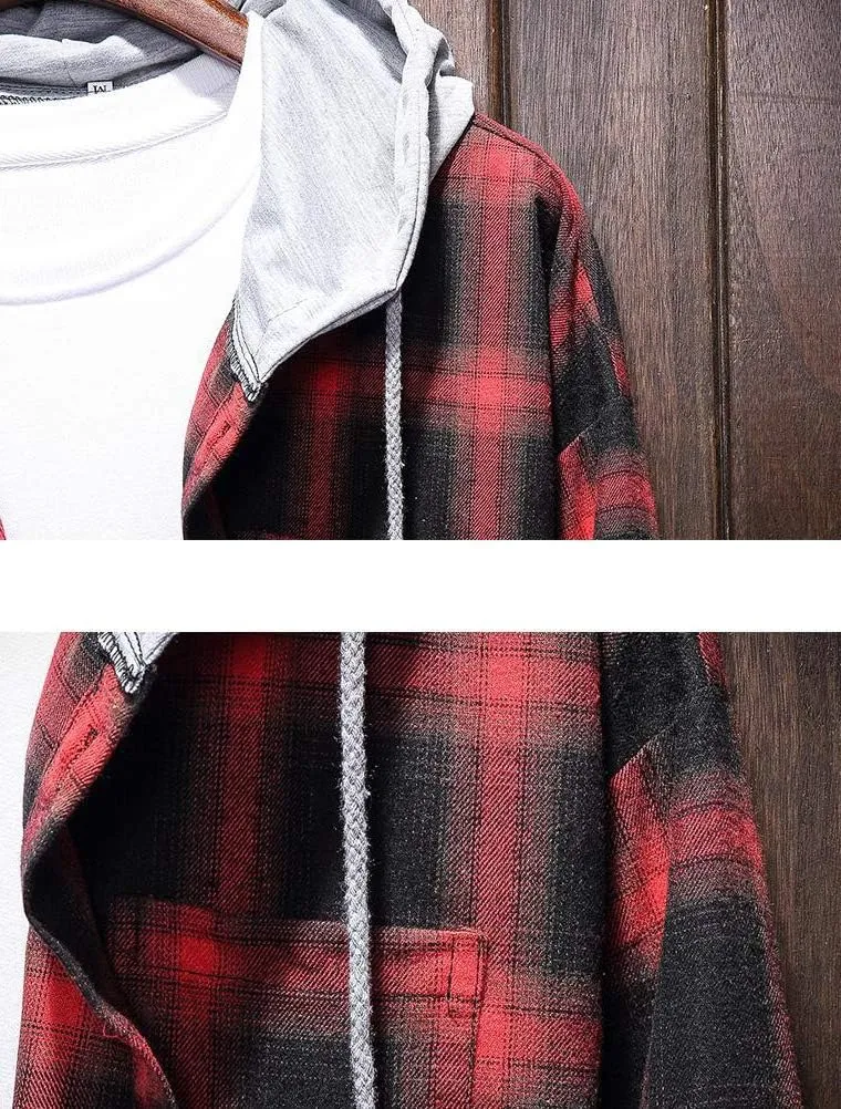 Lavnis Men's Plaid Hooded Shirts Casual Long Sleeve Lightweight Shirt Jackets