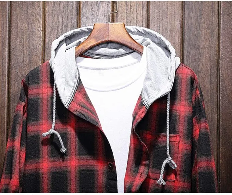 Lavnis Men's Plaid Hooded Shirts Casual Long Sleeve Lightweight Shirt Jackets