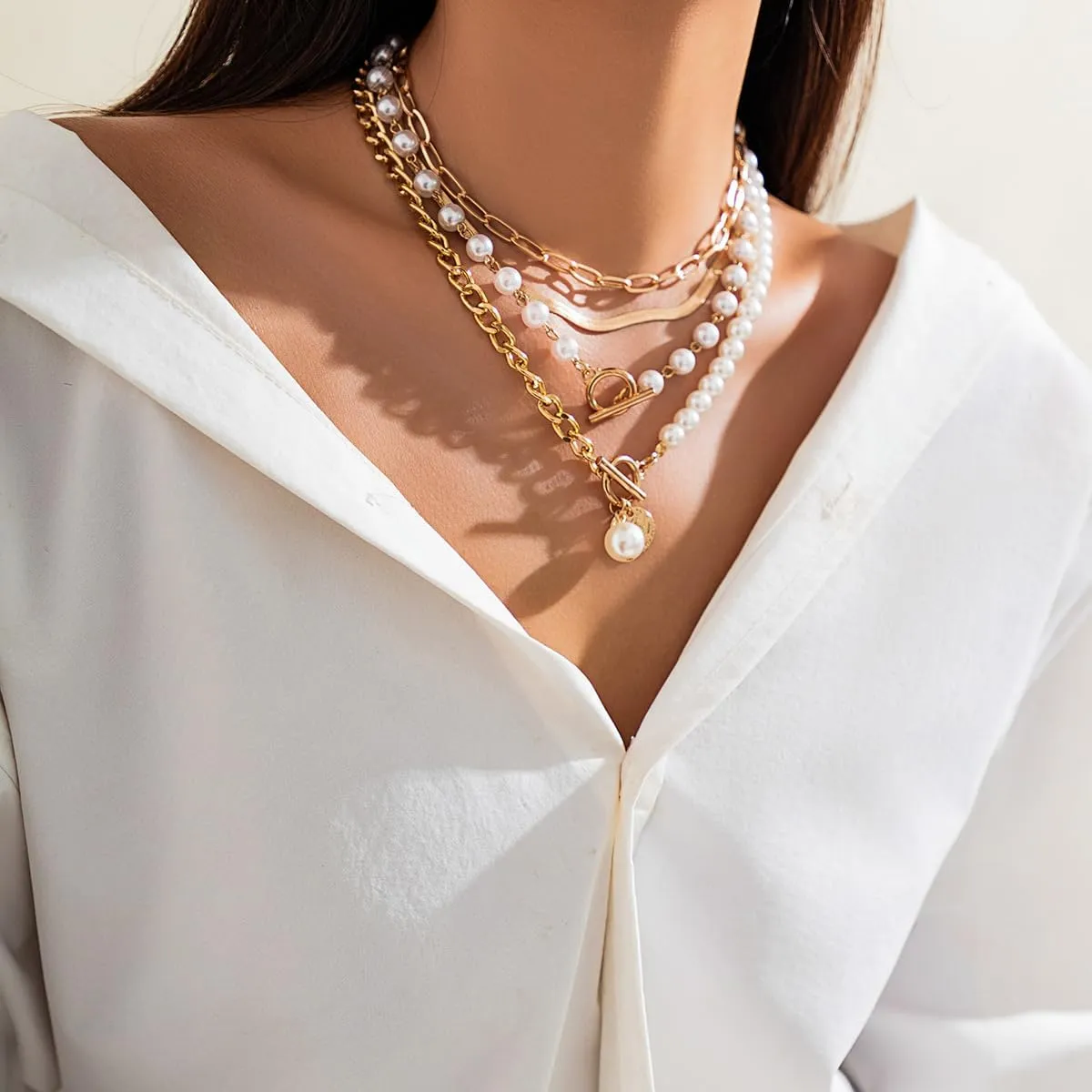 Layered Necklace Multilaye Chunky Plated layered Pearl Paperclip Chain Necklace Adjustable Layering Chain Plated Necklaces Set for Women Jewerly