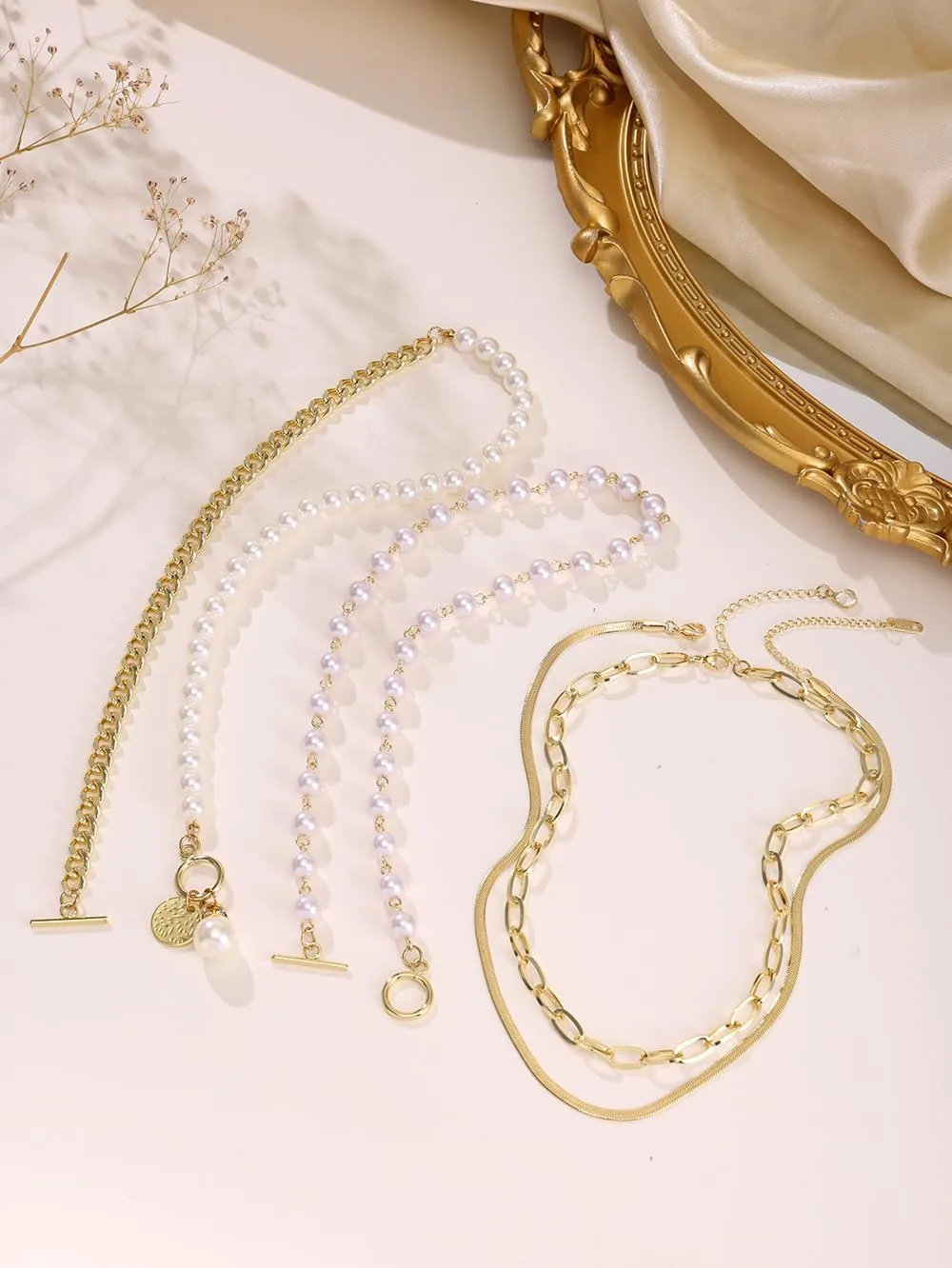 Layered Necklace Multilaye Chunky Plated layered Pearl Paperclip Chain Necklace Adjustable Layering Chain Plated Necklaces Set for Women Jewerly