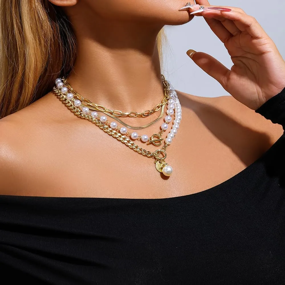 Layered Necklace Multilaye Chunky Plated layered Pearl Paperclip Chain Necklace Adjustable Layering Chain Plated Necklaces Set for Women Jewerly