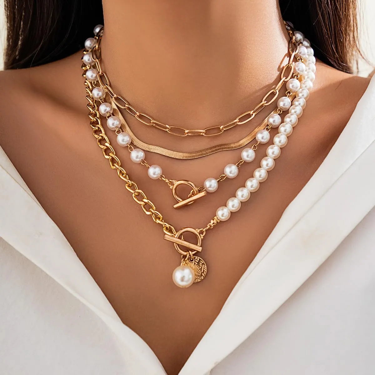 Layered Necklace Multilaye Chunky Plated layered Pearl Paperclip Chain Necklace Adjustable Layering Chain Plated Necklaces Set for Women Jewerly