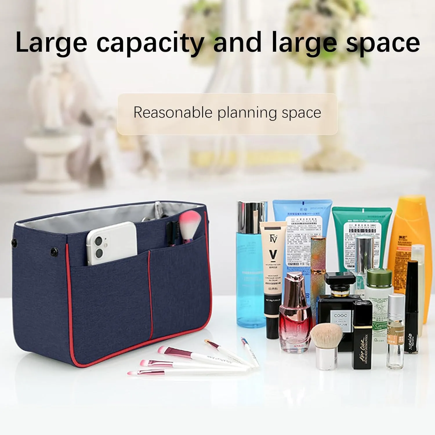 Lckaey Nylon Purse Organizer for neverfull Tote Handbag insert Organizers for longchamp and goyard tote insert 3091Blue-L