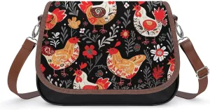 Leather Crossbody Bags, Cute Rooster Chickens Women Crossbody Bag,Leather Flapover Crossbody Purse with Adjustable Strap & Flip