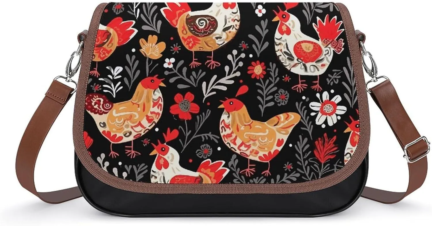 Leather Crossbody Bags, Cute Rooster Chickens Women Crossbody Bag,Leather Flapover Crossbody Purse with Adjustable Strap & Flip