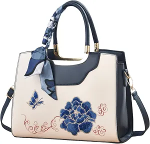 Leather Handbags for Women, Elegant Classic Top Handle Bag Fashion Vintage Printed Shoulder Bags with Adjustable Strap