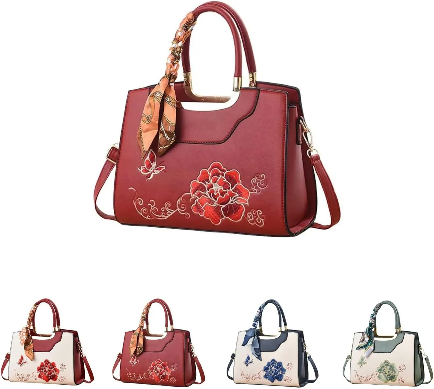 Leather Handbags for Women, Elegant Classic Top Handle Bag Fashion Vintage Printed Shoulder Bags with Adjustable Strap