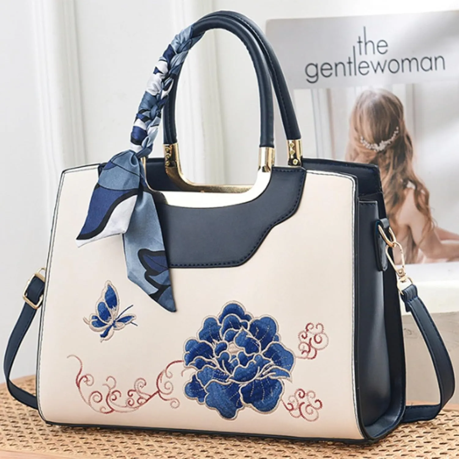 Leather Handbags for Women, Elegant Classic Top Handle Bag Fashion Vintage Printed Shoulder Bags with Adjustable Strap
