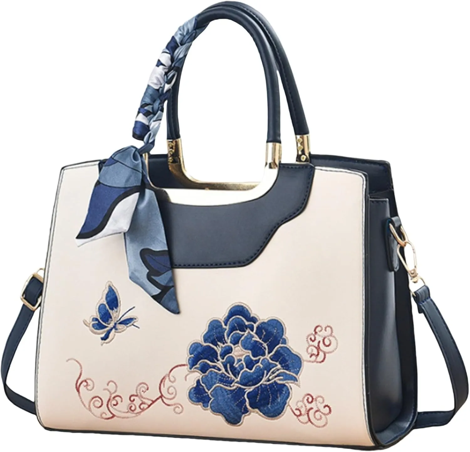 Leather Handbags for Women, Elegant Classic Top Handle Bag Fashion Vintage Printed Shoulder Bags with Adjustable Strap