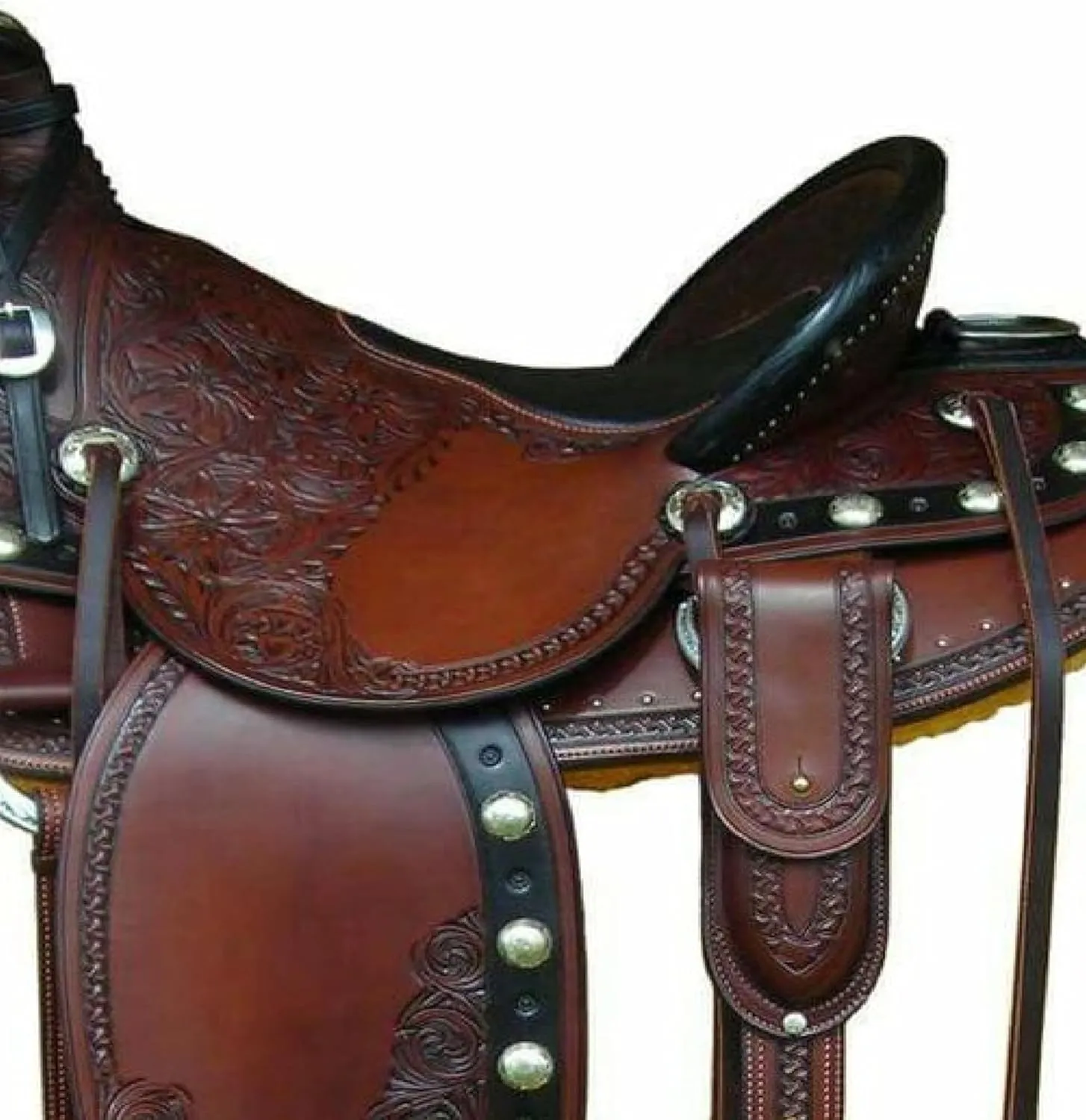 Leather Horse Riding Saddles Western Hand Tooled Design | with Free Tack Set Ranch Work & Complete Headstall and Breast Collar Set for Horse Pleasure and Trail Saddle (Dark Tan)