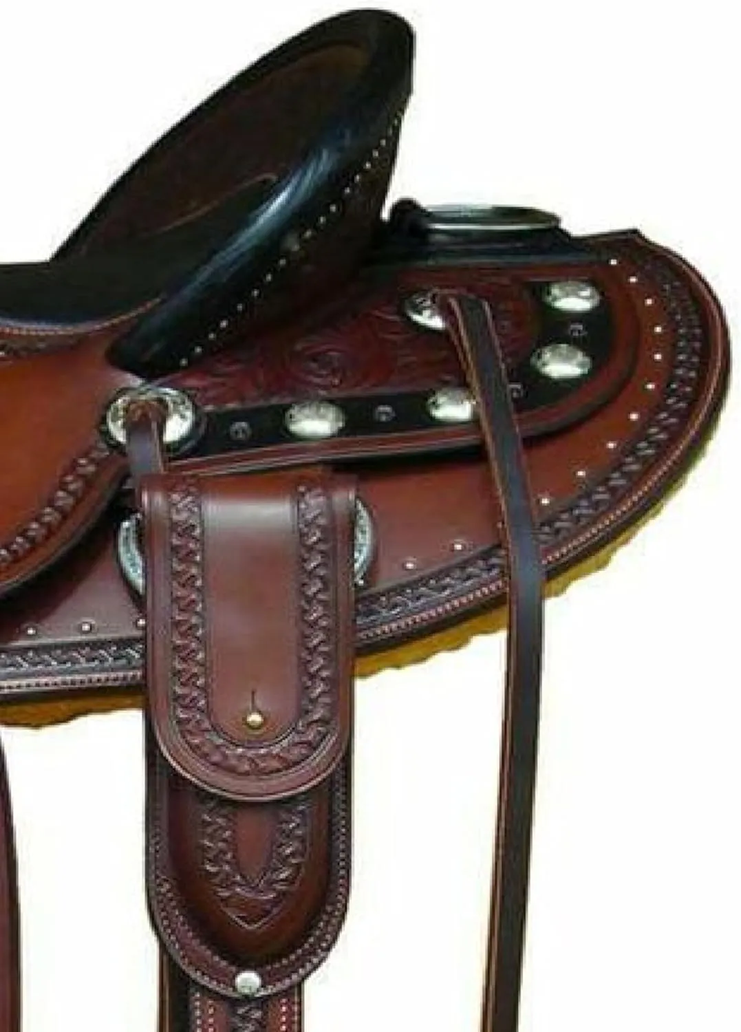 Leather Horse Riding Saddles Western Hand Tooled Design | with Free Tack Set Ranch Work & Complete Headstall and Breast Collar Set for Horse Pleasure and Trail Saddle (Dark Tan)