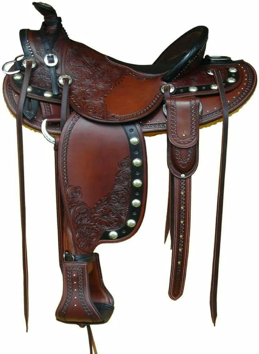 Leather Horse Riding Saddles Western Hand Tooled Design | with Free Tack Set Ranch Work & Complete Headstall and Breast Collar Set for Horse Pleasure and Trail Saddle (Dark Tan)