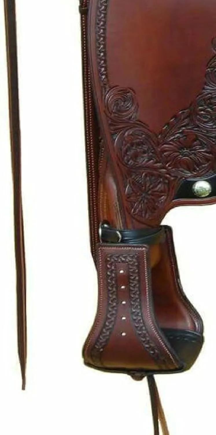 Leather Horse Riding Saddles Western Hand Tooled Design | with Free Tack Set Ranch Work & Complete Headstall and Breast Collar Set for Horse Pleasure and Trail Saddle (Dark Tan)