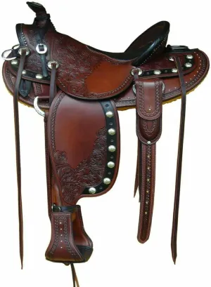 Leather Horse Riding Saddles Western Hand Tooled Design | with Free Tack Set Ranch Work & Complete Headstall and Breast Collar Set for Horse Pleasure and Trail Saddle (Dark Tan)