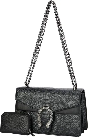 Leather Shoulder Bag Chain Purse for Women - Fashion Crossbody Bags Vintage Snake Print Underarm Bag Square Satchel Handbag