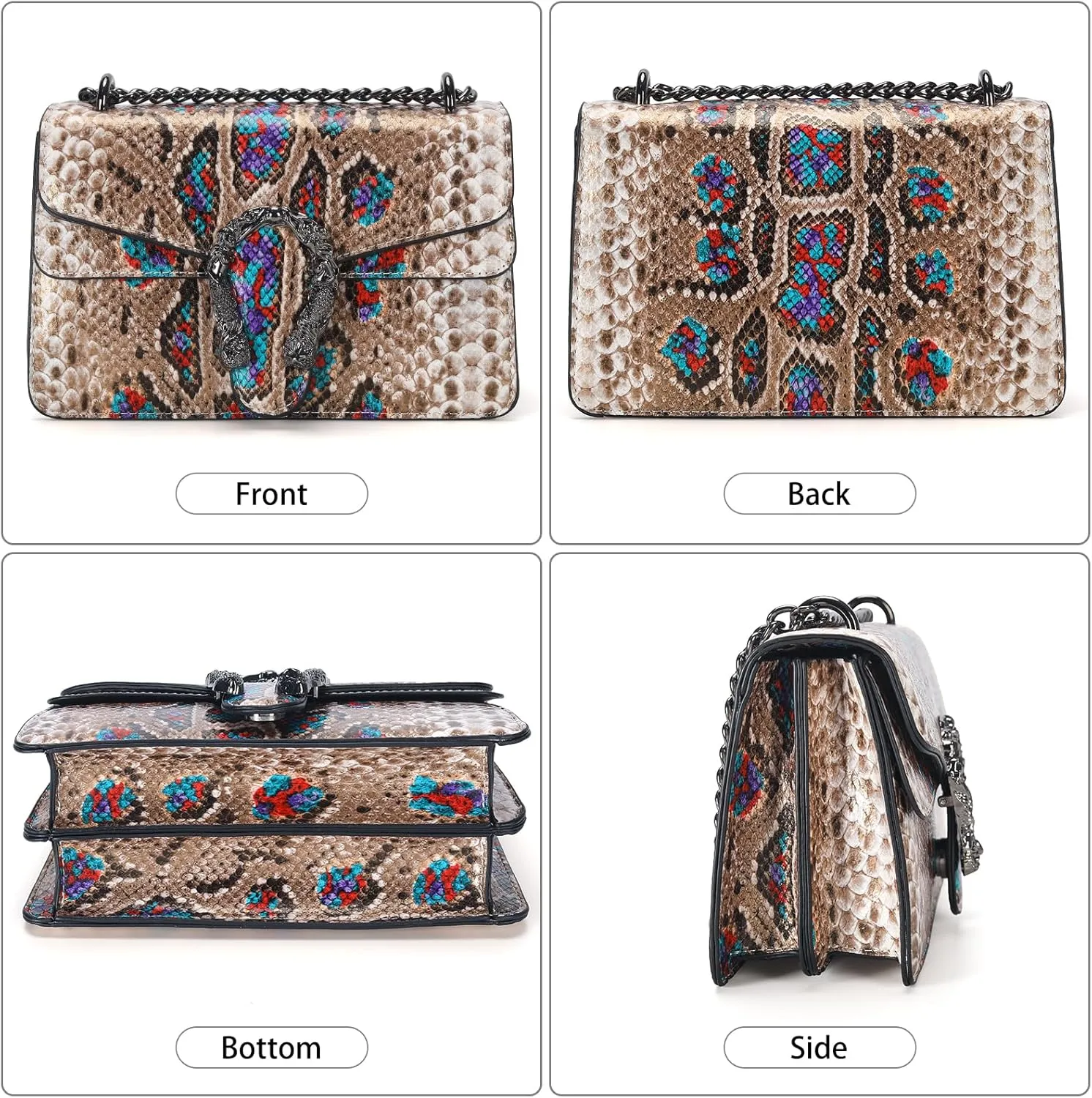 Leather Shoulder Bag Chain Purse for Women - Fashion Crossbody Bags Vintage Snake Print Underarm Bag Square Satchel Handbag