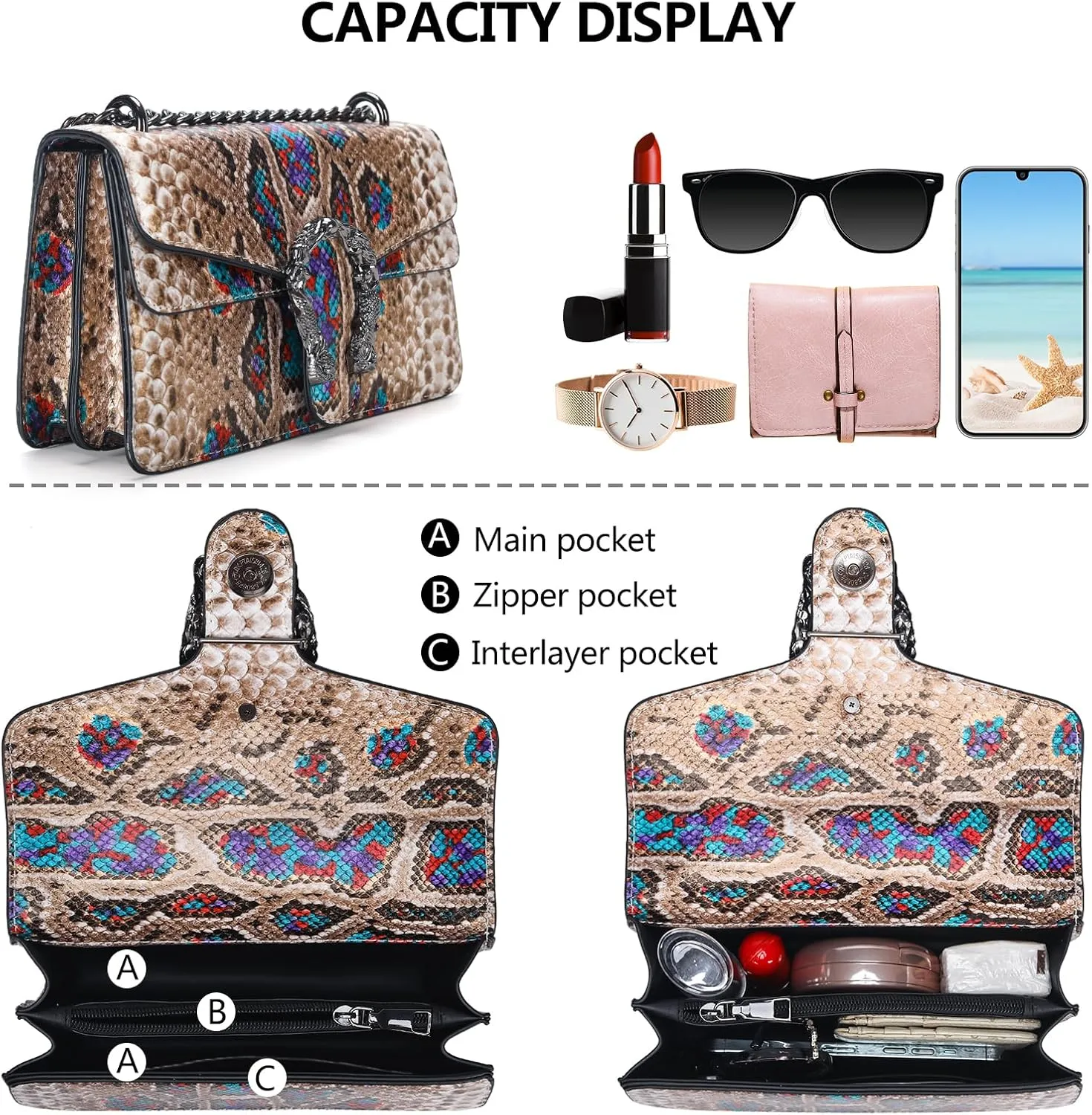 Leather Shoulder Bag Chain Purse for Women - Fashion Crossbody Bags Vintage Snake Print Underarm Bag Square Satchel Handbag