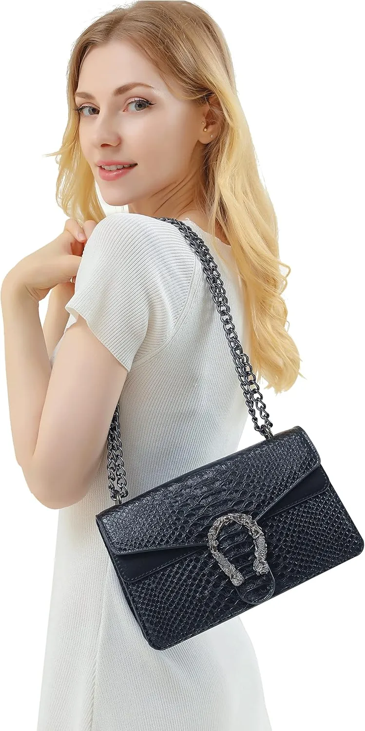 Leather Shoulder Bag Chain Purse for Women - Fashion Crossbody Bags Vintage Snake Print Underarm Bag Square Satchel Handbag