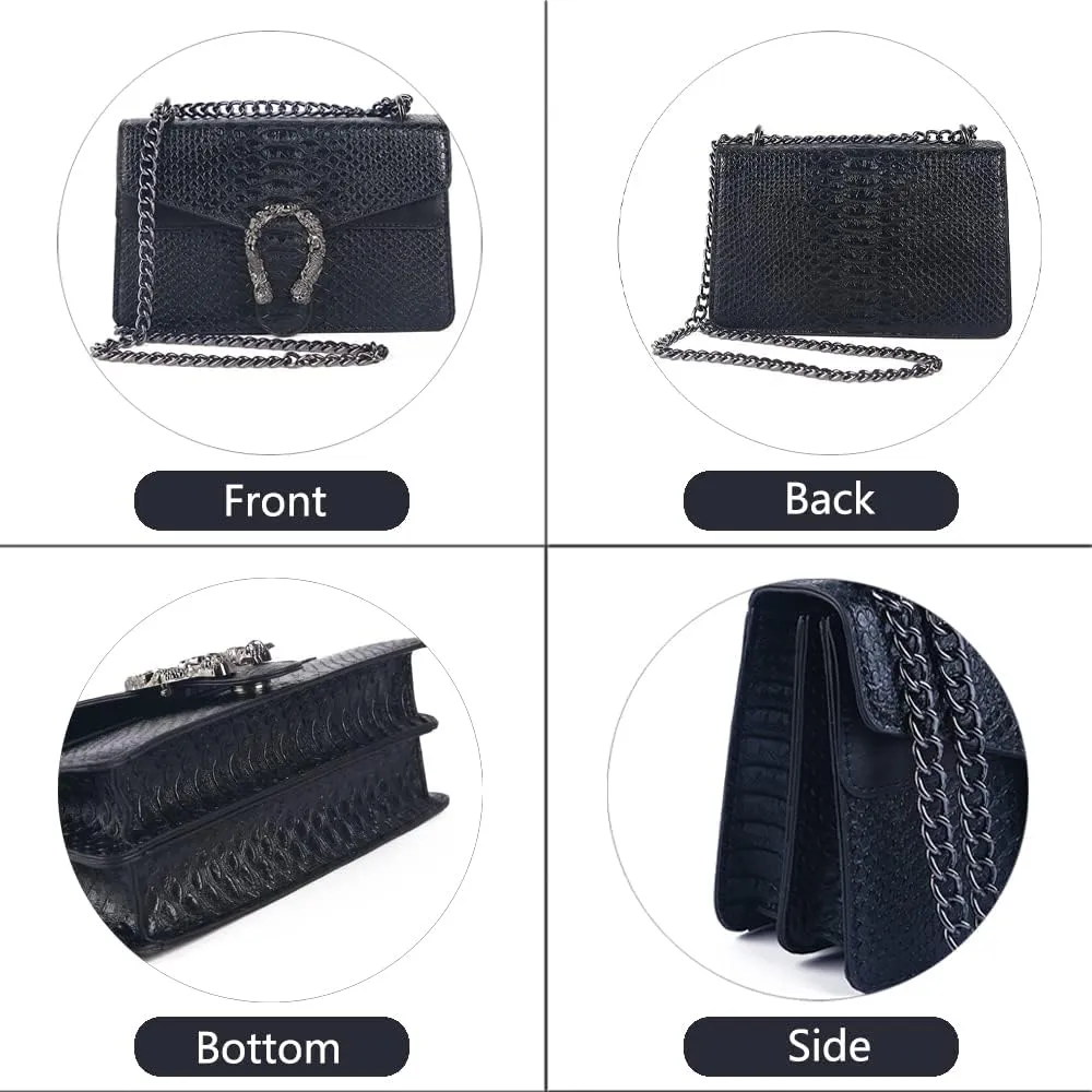 Leather Shoulder Bag Chain Purse for Women - Fashion Crossbody Bags Vintage Snake Print Underarm Bag Square Satchel Handbag