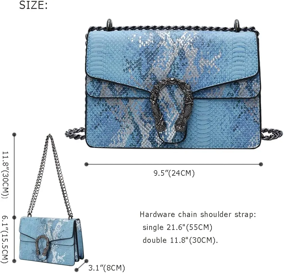 Leather Shoulder Bag Chain Purse for Women - Fashion Crossbody Bags Vintage Snake Print Underarm Bag Square Satchel Handbag
