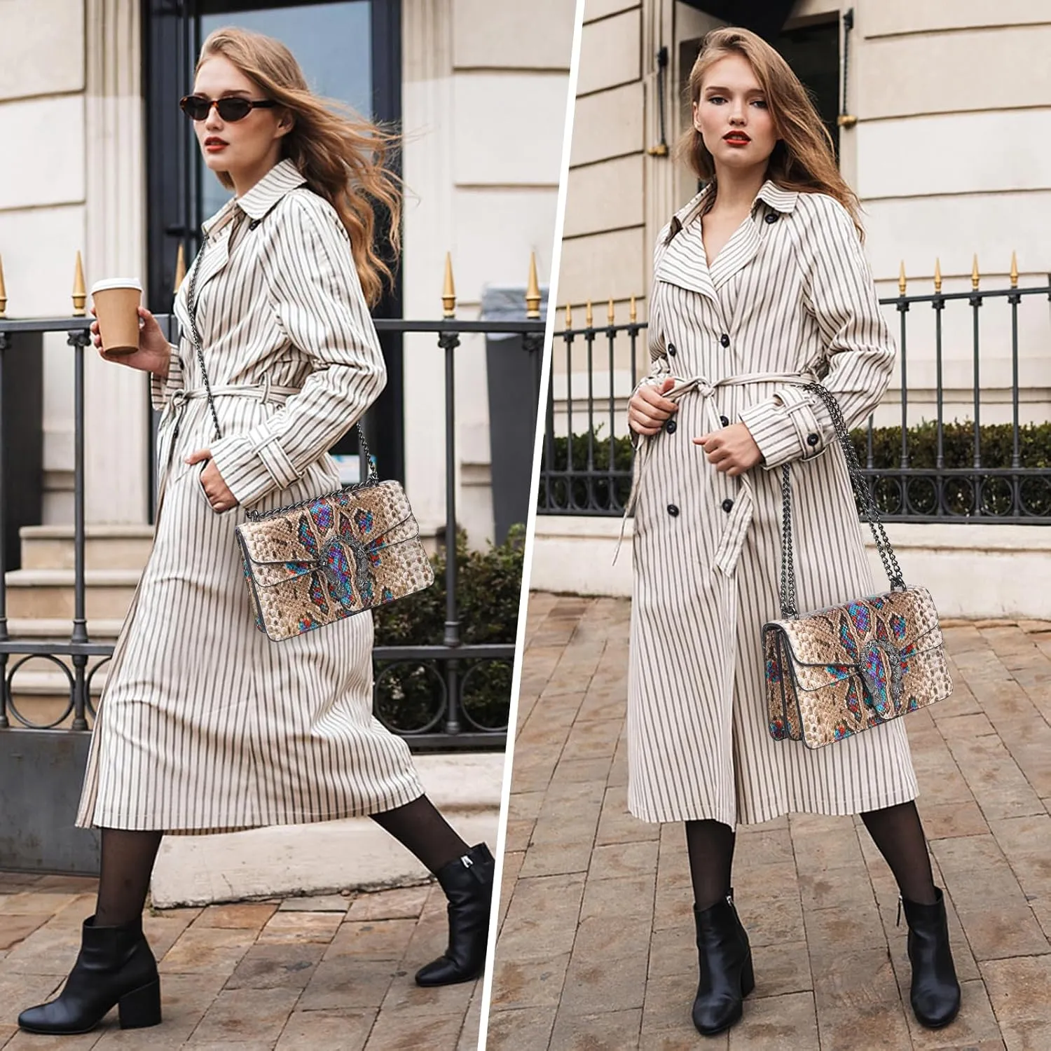 Leather Shoulder Bag Chain Purse for Women - Fashion Crossbody Bags Vintage Snake Print Underarm Bag Square Satchel Handbag