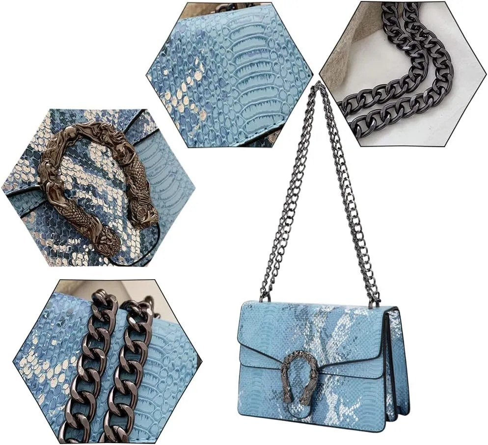 Leather Shoulder Bag Chain Purse for Women - Fashion Crossbody Bags Vintage Snake Print Underarm Bag Square Satchel Handbag