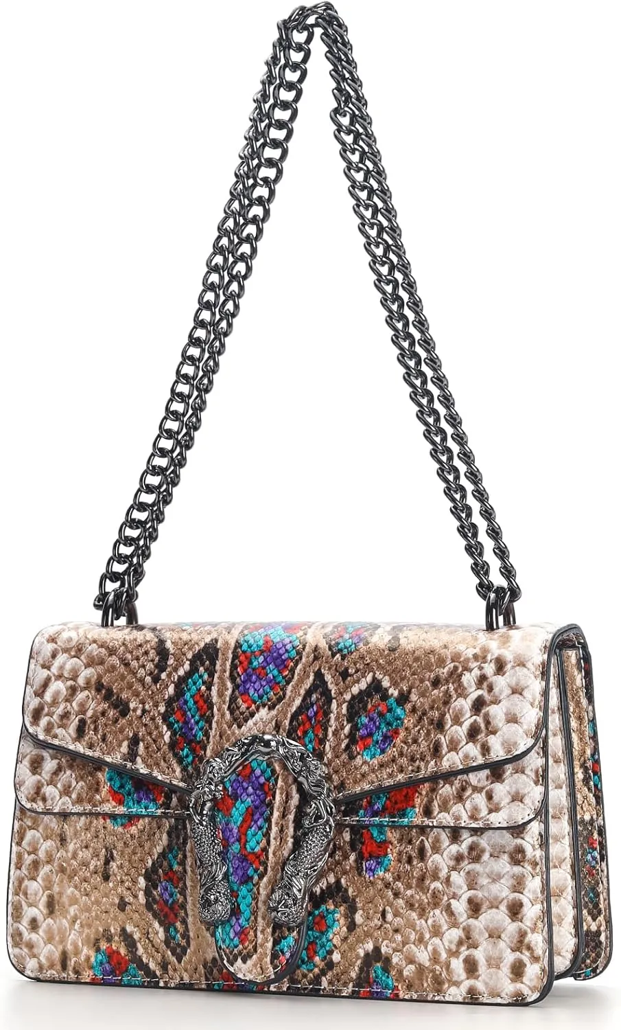 Leather Shoulder Bag Chain Purse for Women - Fashion Crossbody Bags Vintage Snake Print Underarm Bag Square Satchel Handbag
