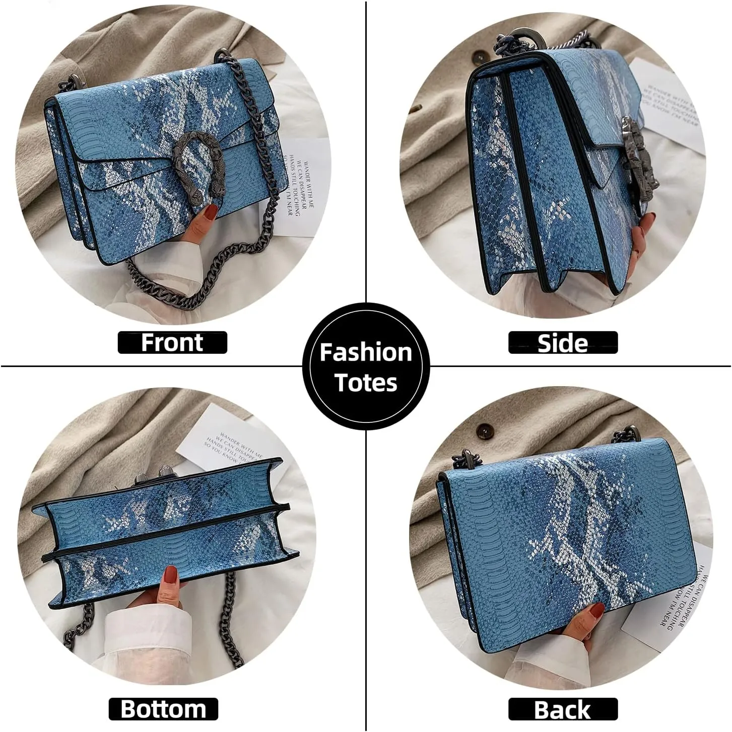 Leather Shoulder Bag Chain Purse for Women - Fashion Crossbody Bags Vintage Snake Print Underarm Bag Square Satchel Handbag