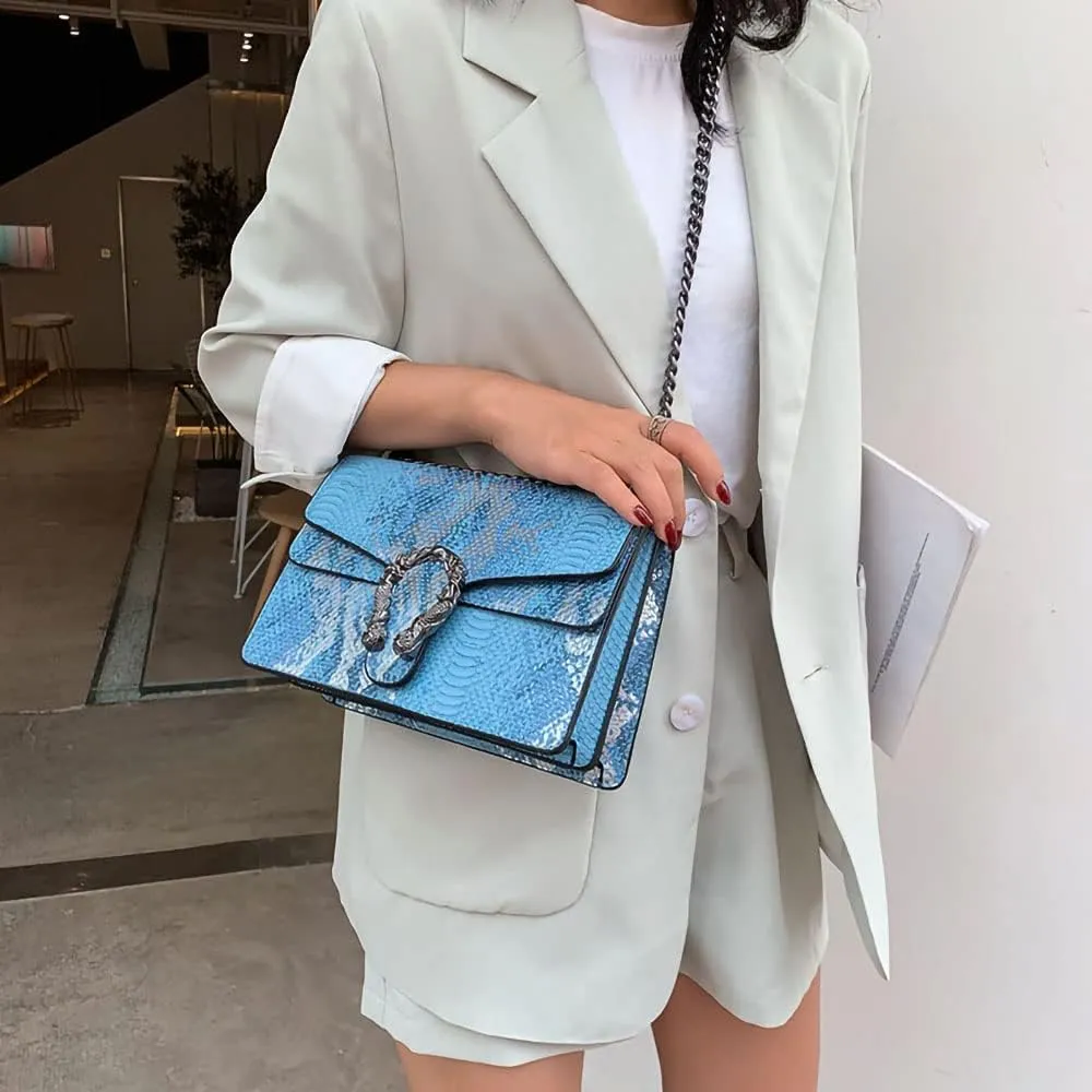 Leather Shoulder Bag Chain Purse for Women - Fashion Crossbody Bags Vintage Snake Print Underarm Bag Square Satchel Handbag