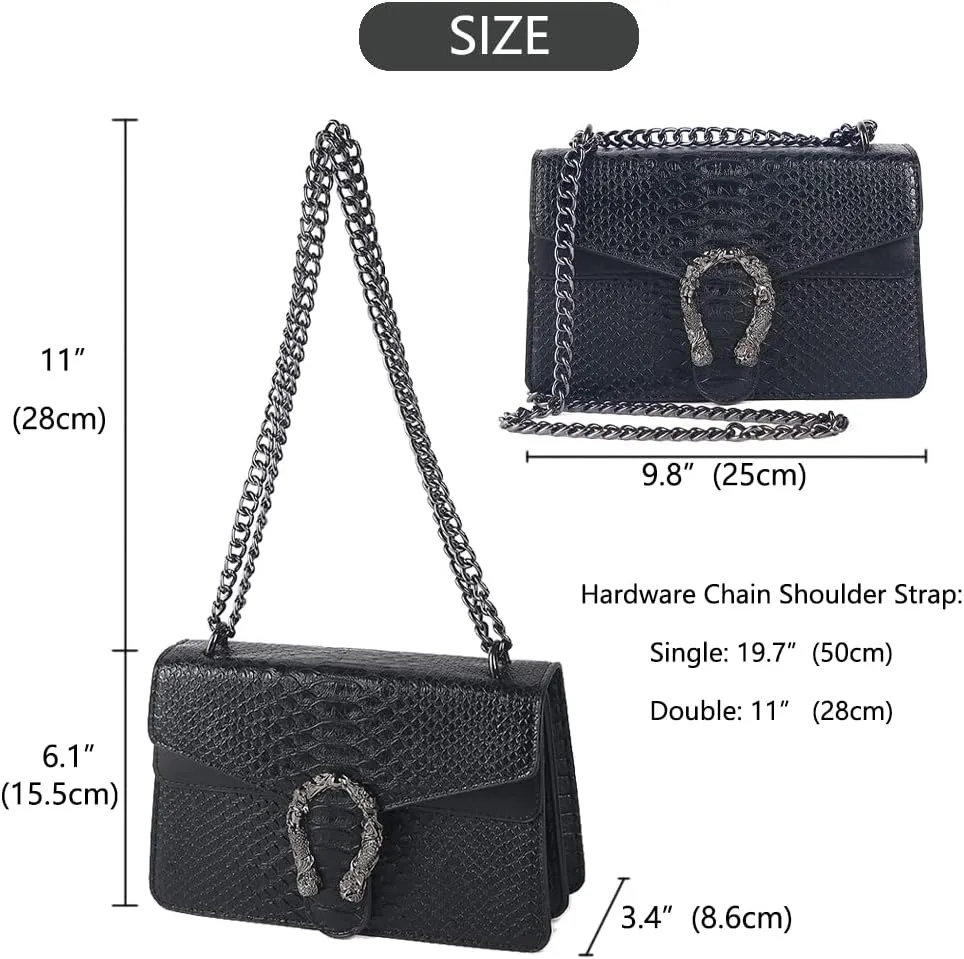 Leather Shoulder Bag Chain Purse for Women - Fashion Crossbody Bags Vintage Snake Print Underarm Bag Square Satchel Handbag