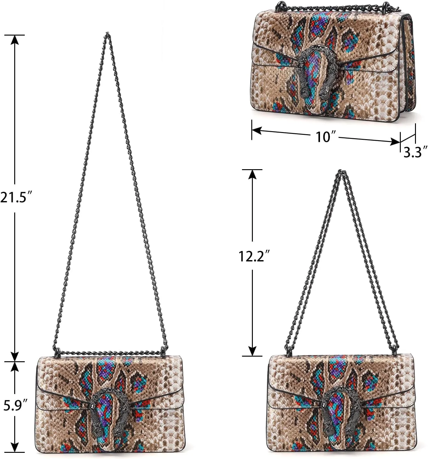Leather Shoulder Bag Chain Purse for Women - Fashion Crossbody Bags Vintage Snake Print Underarm Bag Square Satchel Handbag