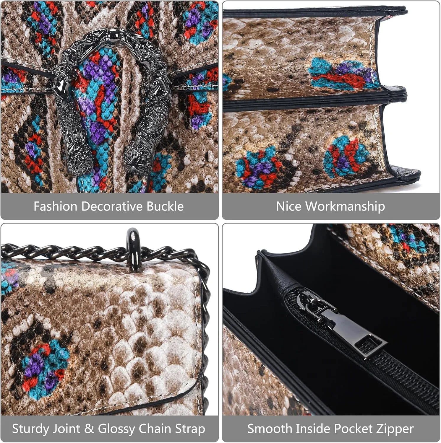 Leather Shoulder Bag Chain Purse for Women - Fashion Crossbody Bags Vintage Snake Print Underarm Bag Square Satchel Handbag