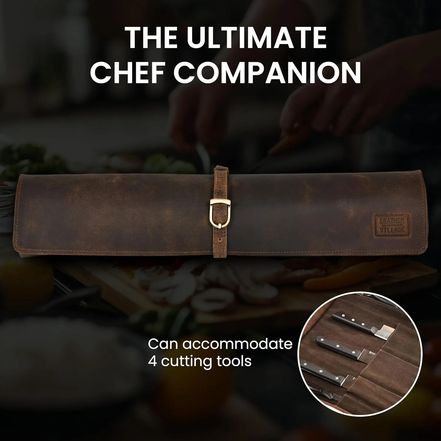 LEATHER VILLAGE Genuine Leather Knife Roll Bag – Professional Chef Carrying Case, Durable Sheath Holder, Cooks & Culinary Tools Organizer, Portable Travel Storage with 4 Slots & Zipper - Rustic Brown