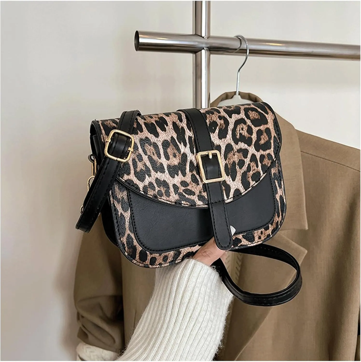 Leopard Purse Cheetah Print Vintage Saddle Bag Curved Flap Urban Crossbody Retro Chic Purse for Girls