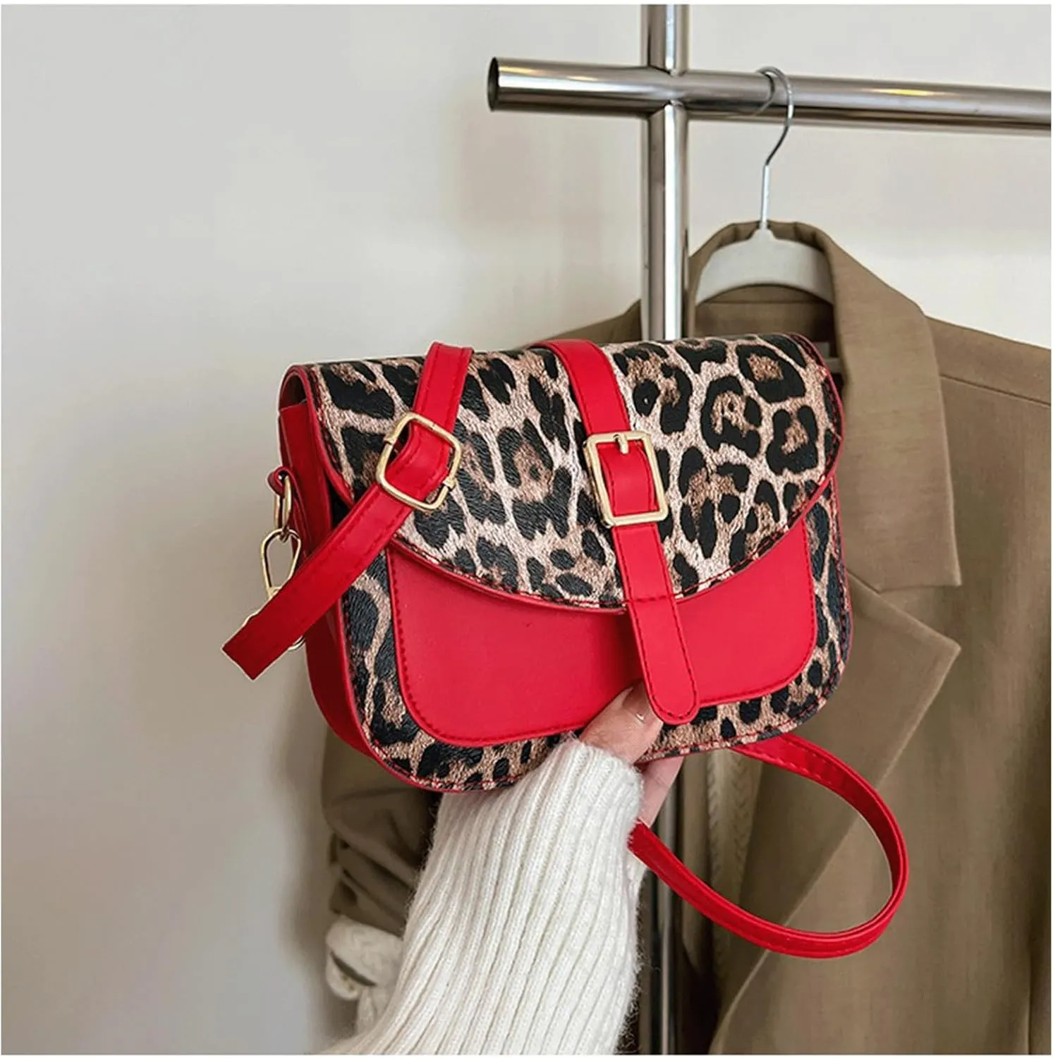 Leopard Purse Cheetah Print Vintage Saddle Bag Curved Flap Urban Crossbody Retro Chic Purse for Girls