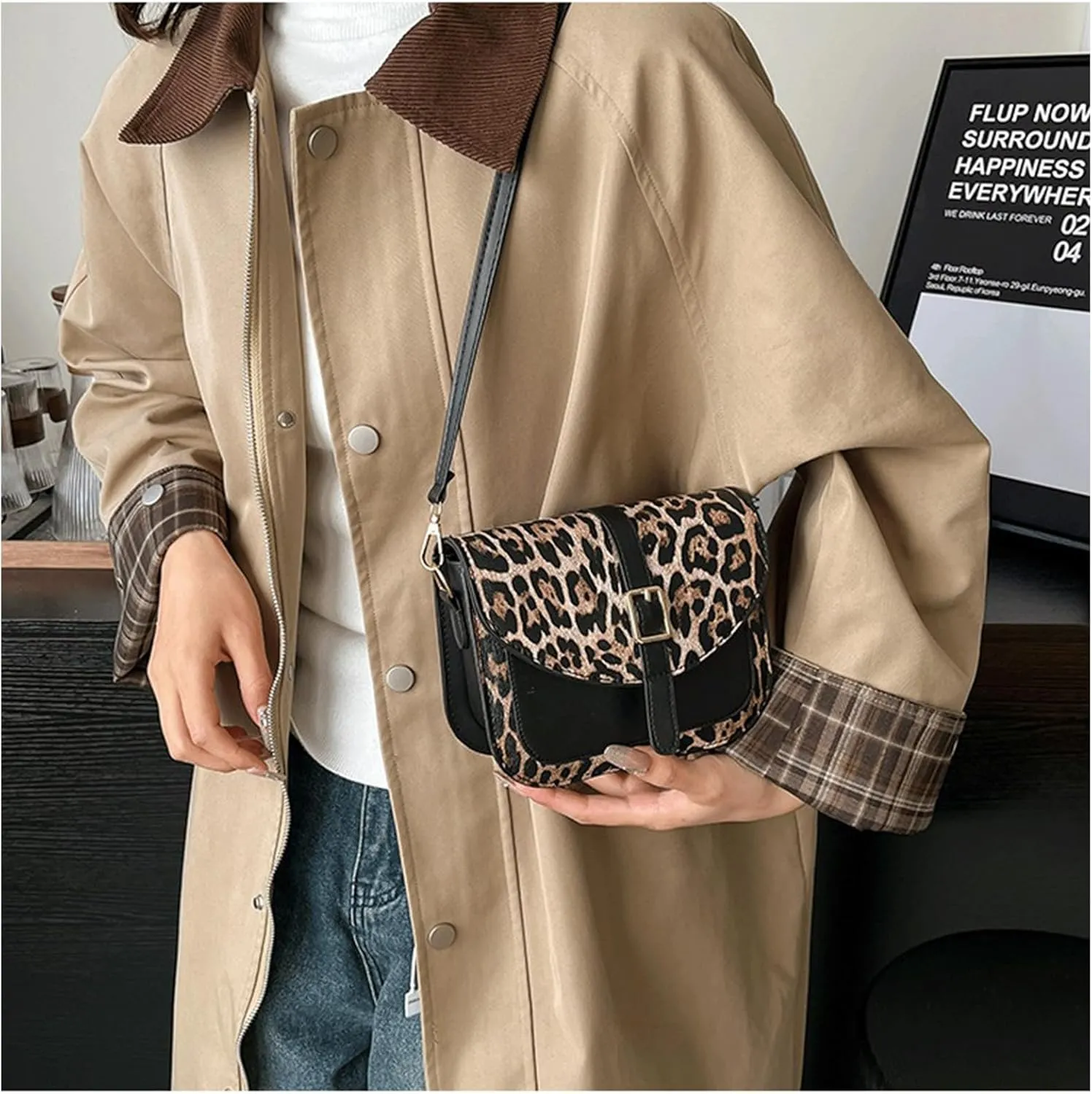 Leopard Purse Cheetah Print Vintage Saddle Bag Curved Flap Urban Crossbody Retro Chic Purse for Girls